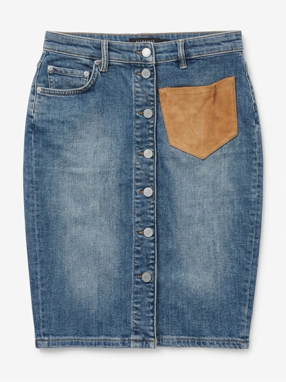 AllSaints Alfie Vintage Wash Denim Suede Patch Pocket Midi Skirt Size 6